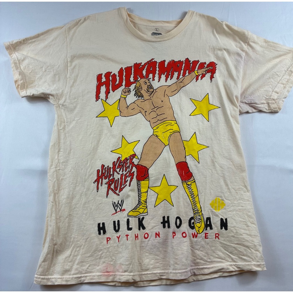 WWE Hulk Hogan Hulkamania T-Shirt Mens Large Cream Python Power Good Condition